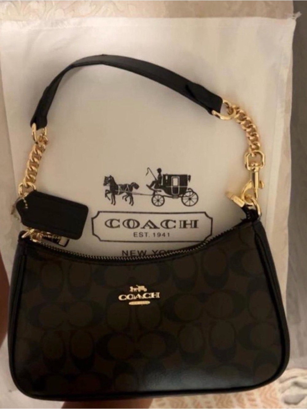 Coach Black & Brown Signature Mini Shoulder Bag with Gold Chain - Picture 2 of 4